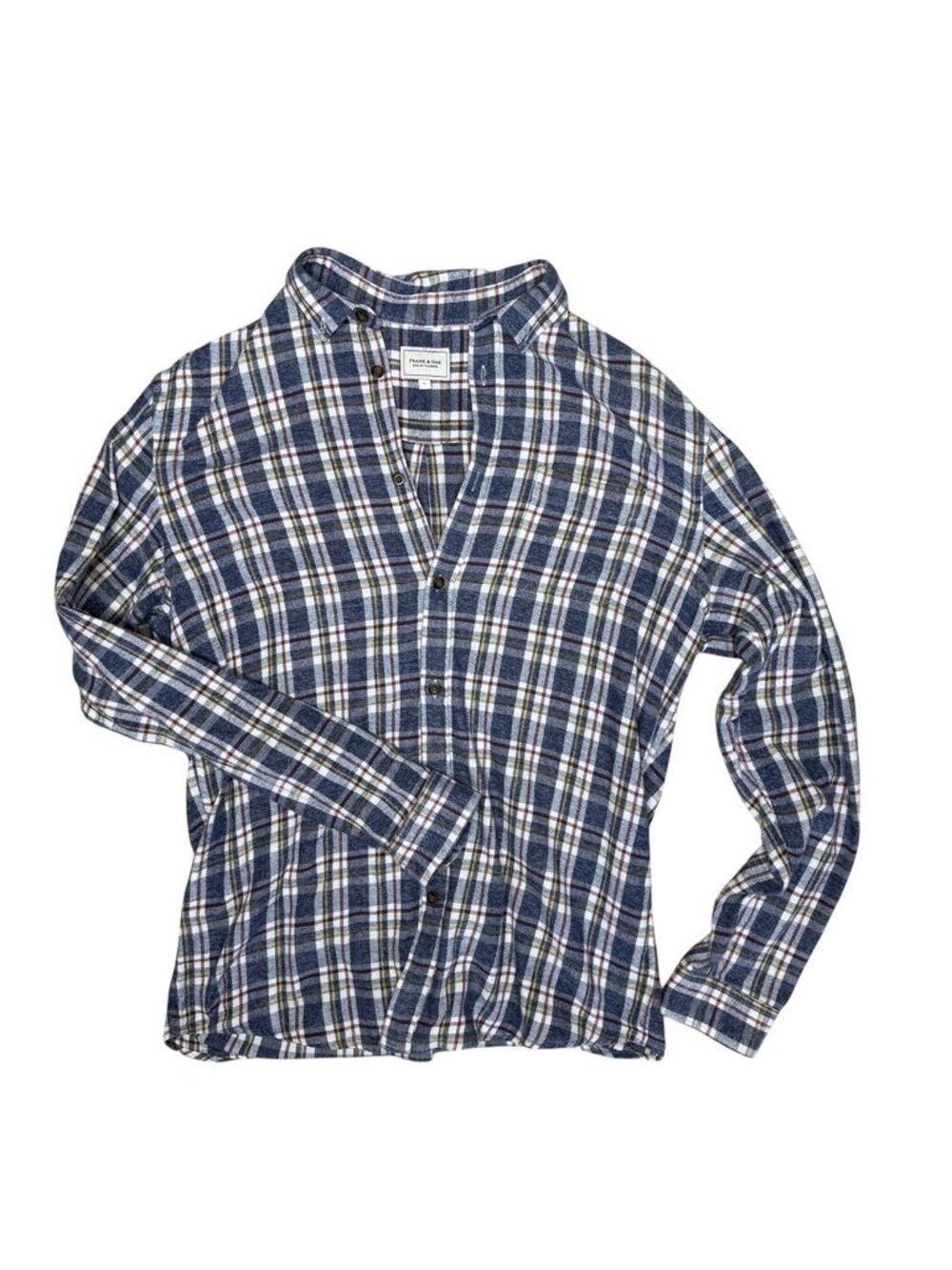 Frank & Oak blue flannel plaid cotton button down long sleeve shirt Size Large